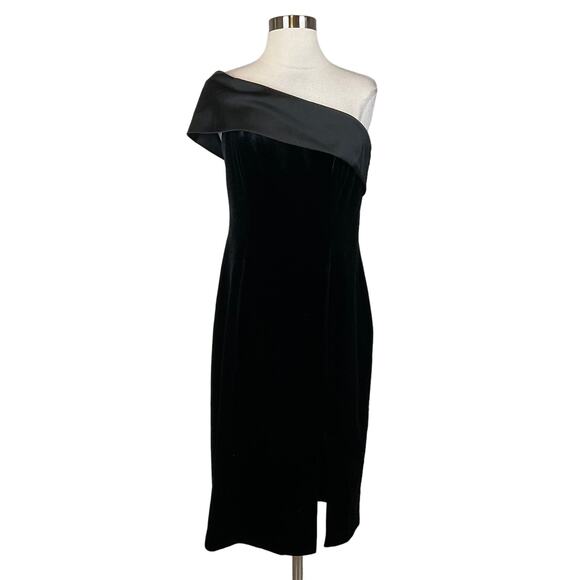 Eliza J Dresses & Skirts - Eliza J Black Velvet and Satin One Shoulder Midi Sheath Cocktail Dress Size 14